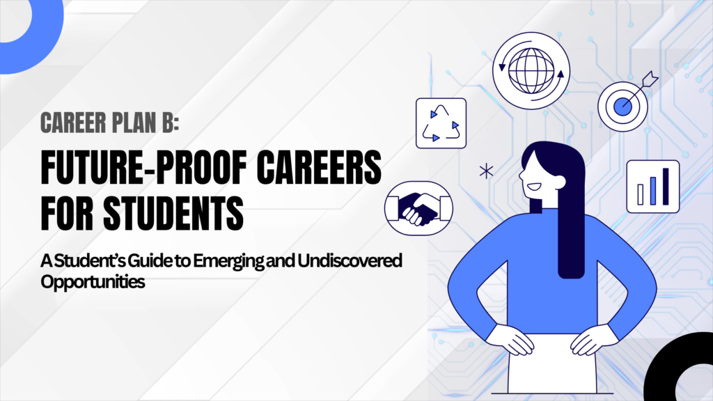 Choosing the Right Career Path concept illustrated with a female student in blue and white holding papers, surrounded by icons for global connectivity, innovation, analytics, and networking on a light tech-inspired background, with bold text reading ‘Career Plan B: Future-Proof Careers for Students – A Student’s Guide to Emerging and Undiscovered Opportunities’ representing guidance for students on selecting sustainable and future-ready careers.