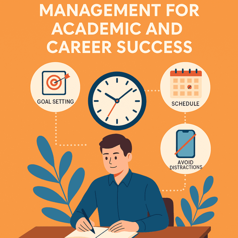 Illustration highlighting time management skills for academic and career success, featuring a student writing at a desk with green plants, a large central clock, and three circular icons labeled 'Goal Setting' with a target and arrow, 'Schedule' with a calendar, and 'Avoid Distractions' with a smartphone crossed out. The background is orange with the heading 'Management for Academic and Career Success' at the top.