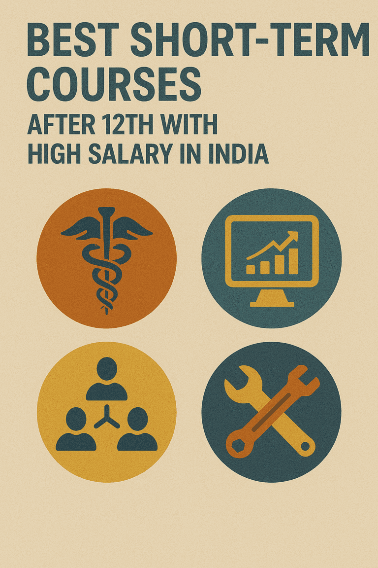 Poster titled 'Best Short-Term Courses After 12th with High Salary in India' featuring four circular icons representing different career fields: a medical symbol (caduceus), a computer monitor with a rising graph, a network of people symbolizing business or management, and crossed tools representing technical or mechanical skills. Beige background with bold black and orange text.
