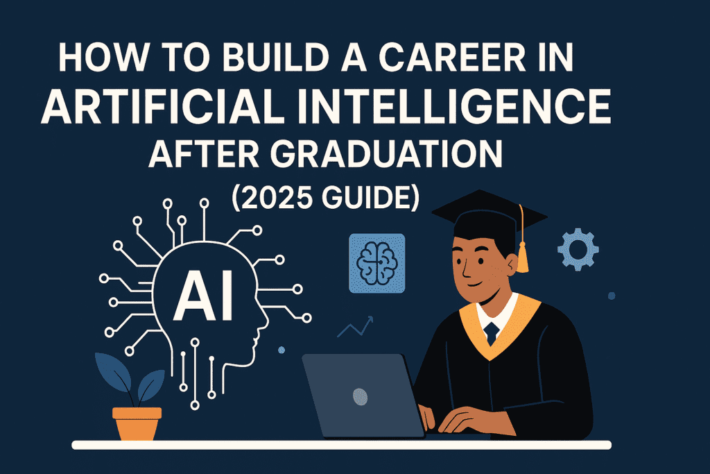 Career in Artificial Intelligence illustrated by a male graduate in cap and gown working on a laptop, with AI brain circuit icon, neural network symbols, and a potted plant on a desk, set against a dark blue background with the text ‘How to Build a Career in Artificial Intelligence After Graduation 2025 Guide’, representing guidance for AI careers after college.