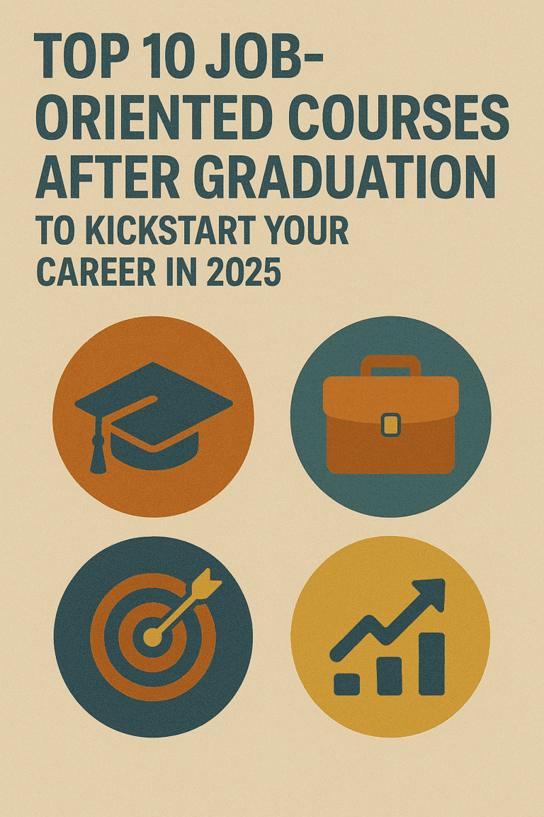 Educational graphic with a beige background titled 'Top 10 Job-Oriented Courses After Graduation to Kickstart Your Career in 2025' written in bold black and dark teal text. Below the title are four circular icons arranged in a 2x2 grid: the top-left icon shows an orange graduation cap on a dark teal circle representing higher education; the top-right icon displays an orange briefcase on a teal-blue background symbolizing career opportunities; the bottom-left icon features a red bullseye target with a white arrow at the center on a navy background, indicating focused career planning; the bottom-right icon shows a mustard yellow upward arrow over three rising bar segments on a light yellow circle, representing career growth. The image visually highlights the concept of the 'Best Job-Oriented Courses' after graduation through clear, career-related symbols and a modern flat-design aesthetic