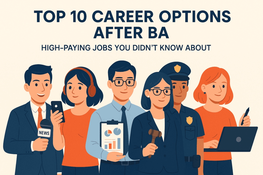 Illustration of six professionals representing various high-paying career options after a Bachelor of Arts (BA) degree. From left to right: a news anchor holding a microphone, a customer service representative with a headset, a business analyst holding a clipboard with graphs, a lawyer holding a gavel, a police officer in uniform, and a content writer or tech worker using a laptop. Text at the top reads: "Top 10 Career Options After BA" with a subheading "High-Paying Jobs You Didn’t Know About."