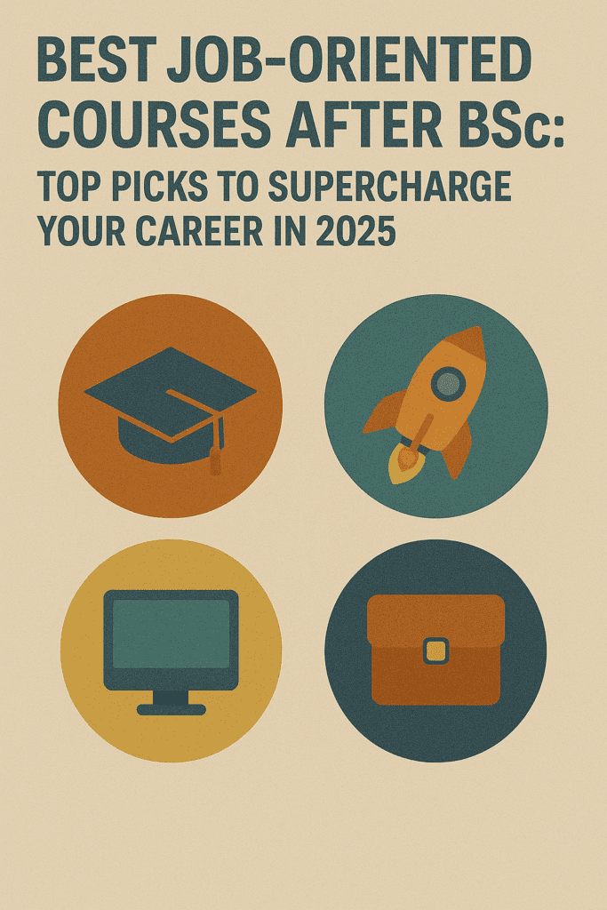 Poster titled 'Best Job-Oriented Courses After BSc: Top Picks to Supercharge Your Career in 2025' displayed on a beige background with bold black and dark teal text. Below the title are four circular icons: the top-left icon shows an orange graduation cap on a dark brown circle, symbolizing higher education; the top-right icon displays an orange rocket on a teal background, representing career launch and growth; the bottom-left icon features a computer monitor on a dark blue circle, indicating technology or IT-related courses; and the bottom-right icon shows an orange briefcase on a mustard yellow background, symbolizing employment and business careers. The image is visually themed to highlight 'Job Oriented Courses After BSc' through academic and professional symbols.