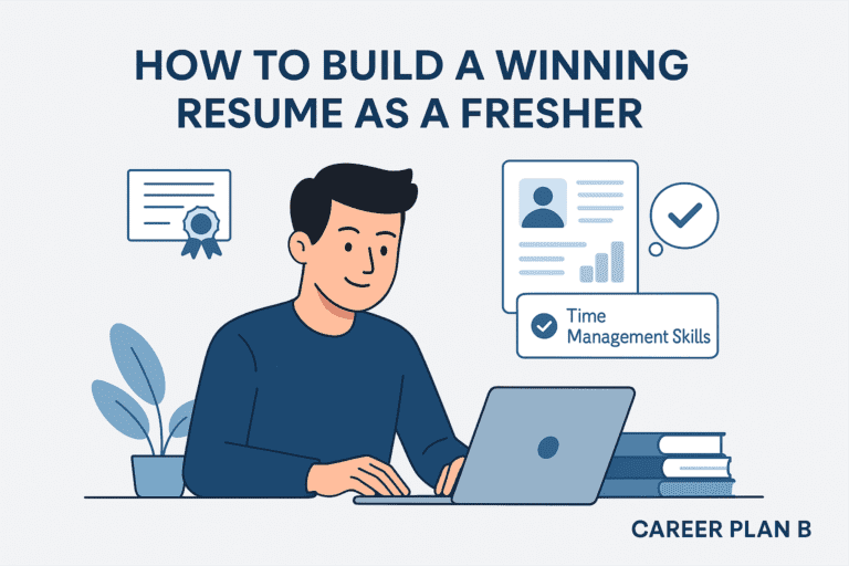 Illustration titled 'How to Build a Winning Resume as a Fresher' featuring a young man sitting at a desk working on a laptop, with books stacked beside him. The background includes various resume-related icons: a framed certificate with a ribbon, a profile card with a photo and checkmark, and a floating label that reads 'Time Management Skills' with a checkbox. A plant decorates the left side, and the phrase 'Career Plan B' is displayed at the bottom right. The image visually represents building a professional 'Resume for Fresher Students' using essential skills and credentials.