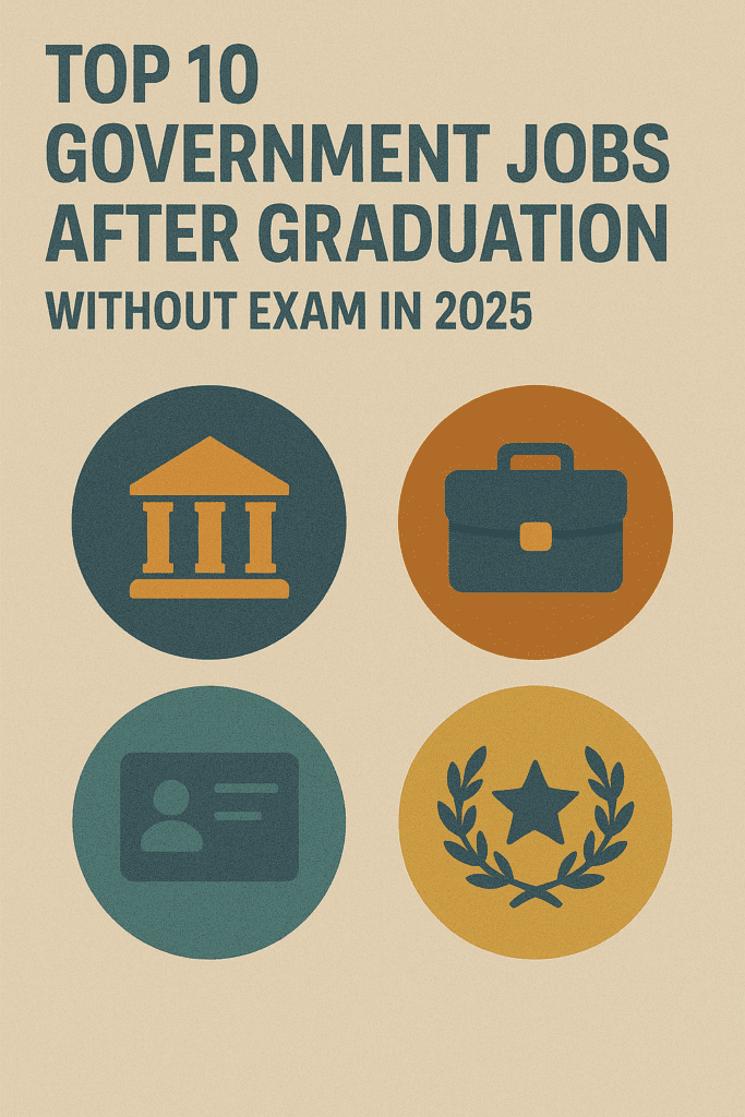 Educational poster titled 'Top 10 Government Jobs After Graduation Without Exam in 2025' on a beige background with bold dark green and orange text. Below the heading are four circular icons: the top-left icon shows a government building with pillars on a dark teal background, symbolizing public sector institutions; the top-right icon displays an orange briefcase on a dark background, representing job roles; the bottom-left icon features an identification card labeled 'authorized' on a teal circle, symbolizing official verification or job entry; and the bottom-right icon shows a laurel wreath with a central star on a mustard background, representing recognition or civil honors. The image highlights career opportunities in 'Government Jobs Without Exam' through official symbols and professional icons.