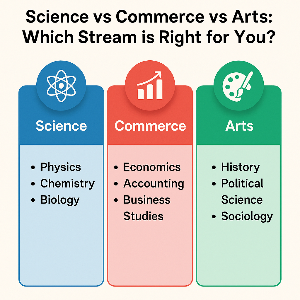 Informational comparison chart titled 'Science vs Commerce vs Arts: Which Stream is Right for You?' displayed on a white background. The chart is divided into three vertical columns with colored headers: the blue 'Science' section includes an atom icon and lists Physics, Chemistry, and Biology; the red 'Commerce' section features a bar chart icon and lists Economics, Accounting, and Business Studies; the green 'Arts' section shows a paint palette icon and lists History, Political Science, and Sociology. Each section visually represents the major subjects and focus areas of the Science vs Commerce vs Arts streams to help students choose the right path after Class 10.