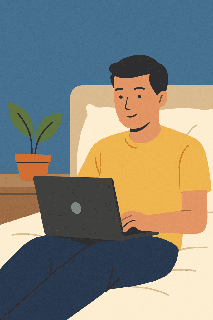 Remote Jobs Without Degree concept illustrated by a man in a yellow T-shirt sitting comfortably on a bed with white pillows, using a black laptop, next to a wooden nightstand with a potted green plant, against a blue wall background, representing working from home without a formal degree