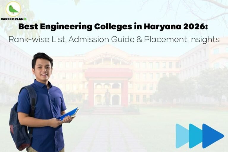 Banner featuring a smiling male student with a backpack and notebooks standing in front of a large academic building, representing a university campus. The heading reads, “Best Engineering Colleges in Haryana 2026: Rank-wise List, Admission Guide & Placement Insights,” highlighting educational guidance for engineering aspirants. The Career Plan B logo, showing a green parrot inside a circle, appears in the top-left corner, symbolizing expert career planning. Three forward arrow icons in the bottom-right signify progress and future focus. The image is designed to promote the best engineering colleges Haryana 2026 with practical admission and placement insights.