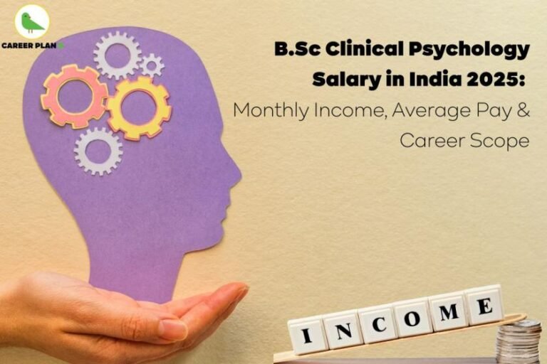 Educational banner showing a hand holding a purple cutout of a human head filled with colorful interlocking gears, symbolizing mental health and cognitive function. The image also features letter blocks spelling “INCOME” beside a growing stack of coins, indicating salary and earning potential. The heading reads, “B.Sc Clinical Psychology Salary in India 2025: Monthly Income, Average Pay & Career Scope.” The Career Plan B logo, featuring a green parrot inside a circle, appears in the top-left corner, representing reliable career guidance. This visual represents career scope and B.Sc Clinical Psychology salary in India.