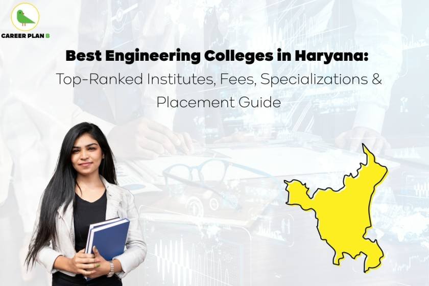 An educational banner featuring a confident young woman holding books, standing on the left side. The background has a faded image of a man using a digital tablet with graphical data overlays. The headline reads “Best Engineering Colleges in Haryana: Top-Ranked Institutes, Fees, Specializations & Placement Guide.” On the right side, there is a bright yellow map outline of the Indian state of Haryana. The top-left corner includes the Career Plan B logo.