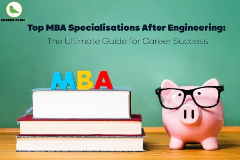 Informational visual with a green chalkboard background featuring the headline “Top MBA Specialisations After Engineering: The Ultimate Guide for Career Success.” In the foreground, there are stacked books with colorful letters spelling “MBA” placed on top. To the right, there is a pink piggy bank wearing black glasses, symbolizing financial planning and education. The Career Plan B logo appears in the top-left corner.