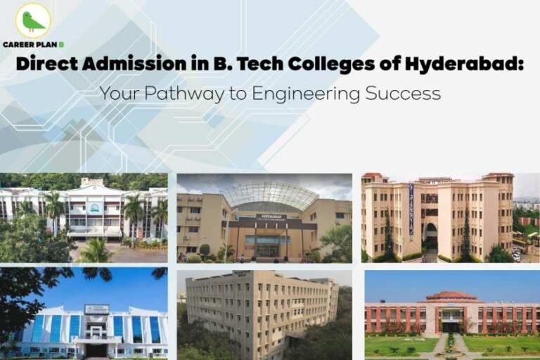 Informative banner image for “Direct Admission in B. Tech Colleges of Hyderabad: Your Pathway to Engineering Success”. The top portion features the title in bold black text over a light-tech background with abstract circuitry patterns. The logo “Career Plan B” appears in the top-left corner. Below, six prominent engineering college campuses from Hyderabad are displayed in a grid layout, showing well-structured academic buildings and greenery, symbolizing modern infrastructure and academic opportunity.