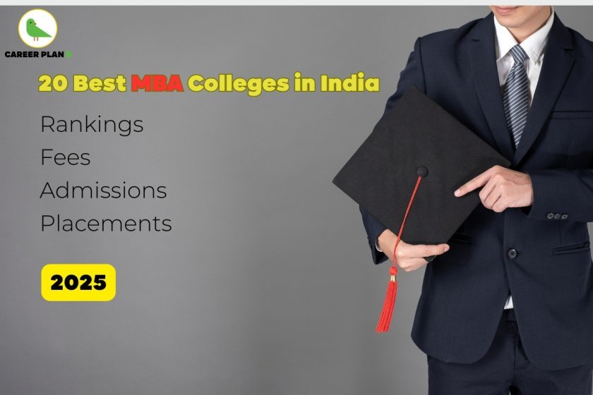 Professional banner image for “20 Best MBA Colleges in India 2025”. The left side of the image contains highlighted text in yellow and red fonts listing key features like “Rankings, Fees, Admissions, Placements”. A yellow badge-style box displays the year “2025”. On the right side, a man in a formal navy-blue suit holds a black graduation cap with a red tassel, symbolizing academic achievement. The logo "Career Plan B" is visible at the top-left corner on a light grey background.
