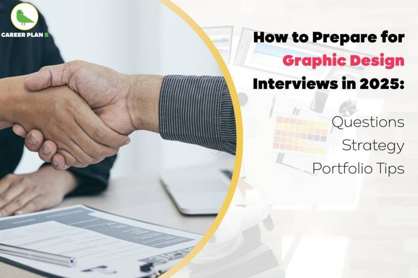 A close-up of two professionals shaking hands during a graphic design interview in a modern office setting. One person holds a pen near a printed resume, while a computer screen in the background shows color palettes and design software, representing a creative workspace. The image includes the Career Plan B logo and text that reads "How to Prepare for Graphic Design Interviews in 2025: Questions, Strategy, Portfolio Tips", highlighting the focus on interview preparation for aspiring graphic designers.