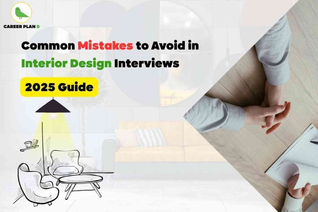 Illustration for common interior design interview mistakes showing a professional workspace; left side features a modern living room sketch with an accent chair, round table, sofa, pillow, side shelf with cups, and hanging pendant lamp casting a yellow glow, while the right side displays hands of a person in a light grey shirt, fingers interlaced, sitting at a table with an open notebook, suggesting interview preparation; background includes a softly blurred, stylish interior with a potted plant and wall tiles; header text reads “Common Mistakes to Avoid in Interior Design Interviews 2025 Guide” in bold black, red, and green fonts with a prominent yellow highlight above, branded by Career Plan B with a green bird logo, conveying key visual and textual elements about common interior design interview mistakes for 2025.