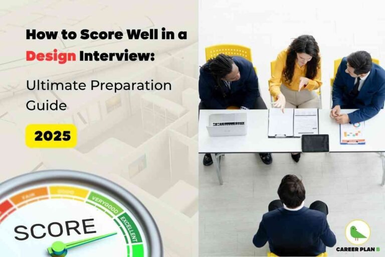 A comprehensive visual guide for design interview preparation 2025 featuring two sections. On the left, bold text in black and red reads “How to Score Well in a Design Interview: Ultimate Preparation Guide 2025” on a soft architectural blueprint background, with “2025” highlighted in bright yellow. A gauge illustration labeled “SCORE” at the bottom left has a green needle pointing to the “excellent” rating, symbolizing high interview performance. On the right, a realistic top-down photograph shows three professional interviewers—two men in blue suits and one woman in a yellow shirt—seated at a white desk with yellow chairs. They are reviewing documents, using a laptop and tablet, while engaging with an interview candidate in a suit sitting across. Branding includes a green bird logo and “CAREER PLAN B” text at the bottom right corner. This summary details all key elements, environments, poses, materials, attire, and branding, fully capturing the theme of design interview preparation 2025.