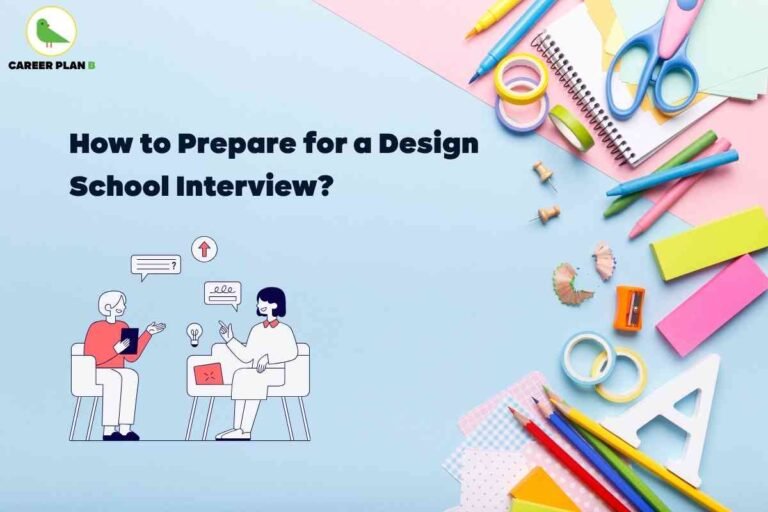 Top-down flat-lay illustration visualizing design school interview preparation; the left side features the Career Plan B logo—a green bird with “CAREER PLAN B” text—while the center displays bold headline text “How to Prepare for a Design School Interview?” on a light blue and pink pastel background. Below the heading, a minimalist line-art drawing depicts two people seated across each other in formal interview attire, one with a notepad and speech bubble, the other gesturing, symbolizing a design school interview scenario with thought, idea, and question icons. The right and lower sections of the image show a neatly arranged collection of school supplies: multicolored pens, pencils, sticky notes, scissors, eraser, pencil sharpener, push pins, washi tapes, a white capital letter A stencil, graph paper, and a spiral notebook with scattered pastel sheets, all emphasizing essential tools for design students. The professional, creative workspace composition and the prominent text directly highlight the theme of design school interview preparation, including all visual details relevant for search engines and accessibility. Related What are the key qualities interviewers look for in a design school candidate How should I structure my portfolio to best showcase my creativity What are some effective ways to answer challenging design questions with originality Why is personal presentation critical during a design school interview How can I demonstrate my understanding of the design process to interviewers