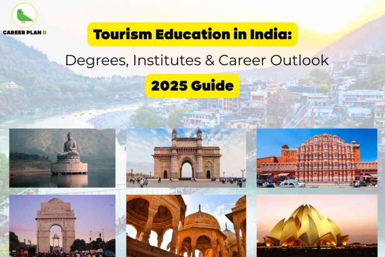 Informative promotional image for tourism courses India 2025 by Career Plan B, featuring a vibrant background view of Rishikesh's riverbank, anchored by a bold yellow banner headline: “Tourism Education in India: Degrees, Institutes & Career Outlook,” and a secondary highlighted text, “2025 Guide,” emphasizing up-to-date information. The upper left includes the Career Plan B logo with a green bird icon and black-green text. The lower half showcases six iconic Indian tourist landmarks in separate photo sections: the Statue of Buddha at Bodhgaya on a lake, Mumbai’s Gateway of India with visitors, Jaipur’s Hawa Mahal with intricate pink façade, Delhi’s India Gate at sunset with crowds, historic cenotaph domes under a blue sky representing Rajasthani heritage, and the Lotus Temple in Delhi glowing at dawn. Every landmark photo is clearly separated with natural lighting, highlighting the geographical and cultural diversity promoted through tourism courses India 2025, while the structured overlay text provides a professional, career-focused theme for students and aspirants in the Indian tourism sector.