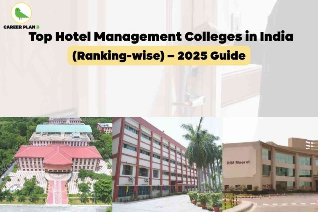 Informational graphic for top hotel management colleges in India, created by Career Plan B for the 2025 guide. The upper section displays the Career Plan B logo with a green bird and black-and-green text on a light beige background. The headline reads “Top Hotel Management Colleges in India (Ranking-wise) – 2025 Guide” in bold black and yellow fonts. Below the text, three photographs are featured: the left image shows a large campus building with a red roof, white colonnades, symmetrical stairs, and surrounding green trees; the middle image presents a multi-story hotel management college block with red accents and palm trees lining a walkway; the right image displays the IHM Meerut modern facility with glass windows and tan facade, entrance driveway, green lawns, and signboard labeled “IHM Meerut.” The composition and clear overlay text effectively showcase notable hotel management colleges in India, emphasizing ranking, campus architecture, and up-to-date guidance for students researching top hotel management colleges in India for 2025.