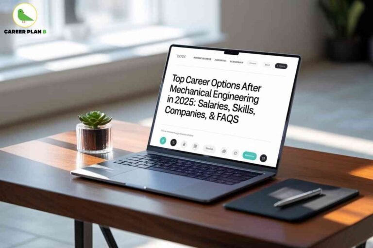 Photo of a modern workspace with a slim laptop on a wooden table, displaying a webpage titled “Top Career Options After Mechanical Engineering in 2025: Salaries, Skills, Companies, & FAQS” in large, bold black text. The Career Plan B logo, featuring a green bird and “CAREER PLAN B” text, is visible in the upper left corner. Next to the laptop, there is a small potted succulent plant in a glass container and a black notepad with a silver pen, both resting neatly on the table. The background shows a softly lit room with large windows and blurred greenery, emphasizing a professional and inviting environment. This image visually represents research or planning for career options after mechanical engineering in 2025, incorporating elements of remote work, modern design, and referencing Career Plan B’s expertise for the phrase "Career options after mechanical engineering."