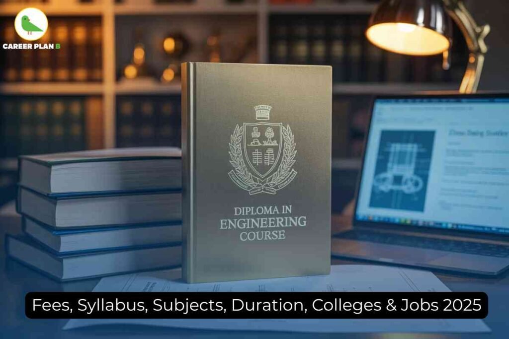 Comprehensive informational image about the Diploma in Engineering course for 2025, created by Career Plan B. Centered on a study table is an upright, gold-embossed hardback book titled “Diploma in Engineering Course,” featuring a detailed academic crest with gears and laurels. Surrounding the book are neatly stacked textbooks, some laying flat, symbolizing broad subject coverage. At the left, the green bird Career Plan B logo with “CAREER PLAN B” branding is displayed. The background shows warm ambient lighting, with a lit desk lamp casting a focused glow beside an open laptop that displays a diagram of a piston engine and engineering notes, emphasizing real-world technical learning. A prominent headline banner at the bottom reads “Fees, Syllabus, Subjects, Duration, Colleges & Jobs 2025” in bold white text on black, integrating the key phrase “Diploma in Engineering course.” The environment is an elegant study or library, filled with reference books, representing academic pursuit and preparing students for diploma in engineering course pathways, including fees, updated 2025 syllabus and subjects, three-year course duration, leading colleges, and career opportunities in engineering.