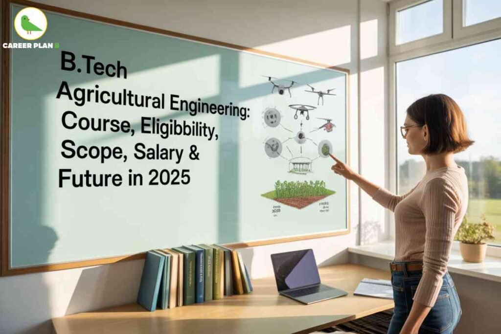Educational image about B.Tech Agricultural Engineering, created by Career Plan B. On the left side of a sunlit classroom, a large glass board displays the bold headline: “B.Tech Agricultural Engineering: Course, Eligibility, Scope, Salary & Future in 2025” in black text. The right half shows a female instructor standing by the board, wearing a ribbed beige long-sleeve shirt and blue jeans, pointing to a detailed agricultural technology diagram. The diagram features various types of drones, mechanical components, and a green field with labeled rice and environmental sensors, highlighting modern precision farming techniques taught in B.Tech Agricultural Engineering. Below the board is a row of organized textbooks and an open silver laptop on a light wood desk, set against large windows with a view of green fields and ample daylight illuminating the classroom. At the top left, the Career Plan B logo—a green bird and “CAREER PLAN B” text—appears prominently, emphasizing branding. This image thoroughly depicts the contemporary setting, technological focus, and educational scope of B.Tech Agricultural Engineering for 2025.