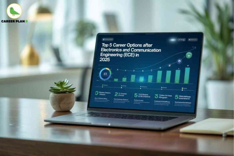 Photo of a sleek, modern workspace with a laptop placed on a polished wooden desk, showing a digital graph and infographic on its screen titled “Top 5 Career Options after Electronics and Communication Engineering (ECE) in 2025.” The infographic displays upward-trending bar and line charts and five labeled career paths with brief descriptions and icons: 1) Telecom Domain Expert, 2) IoT (Internet of Things) Specialist, 3) Cyber Security & Data Analytics, 4) VLSI/Chip Design Engineer, and 5) Data Intelligence Consultant. To the left of the laptop is a small potted succulent in a beige planter, and to the right, a closed notebook and pen rest on the table. The blurred background reveals a bright, airy office or home setting with large windows, indoor plants, and golden accent décor, radiating a calm, professional atmosphere. The top left contains the Career Plan B logo—a green bird inside a yellow ring and “CAREER PLAN B” written in black and green text. The image seamlessly incorporates detailed visual and textual elements summarizing current top career options after electronics and communication engineering for 2025, suitable for accessibility and effectively using the key phrase "Career Options After Electronics and Communication Engineering