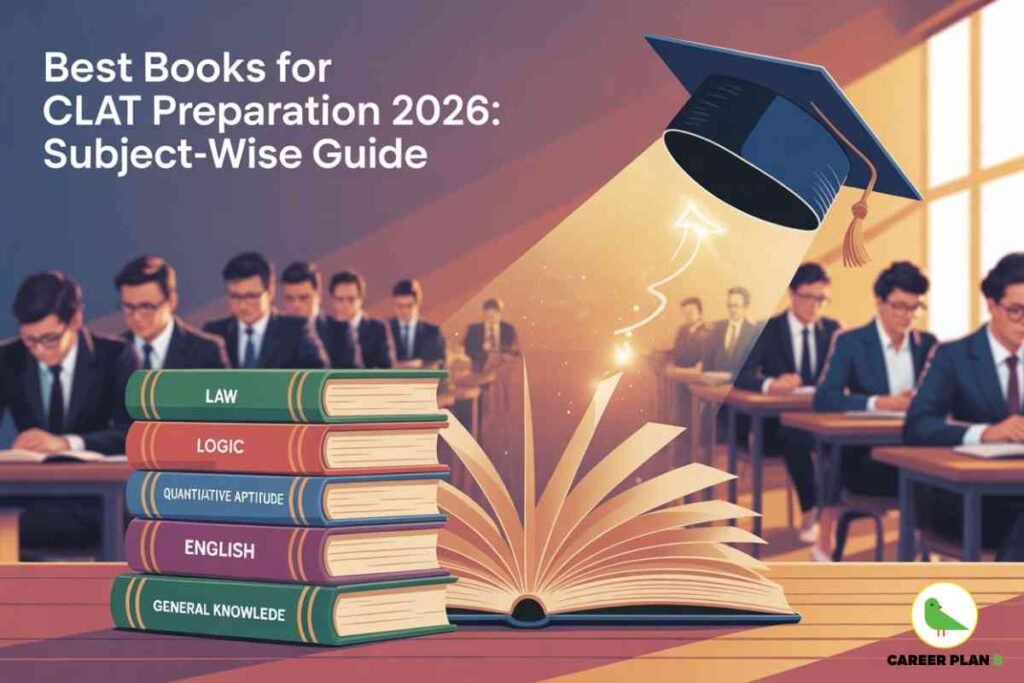 Illustrative classroom scene for best books for CLAT preparation 2026 subject-wise guide. The top left displays white headline text: “Best Books for CLAT Preparation 2026: Subject-Wise Guide.” In the foreground, a neat stack of five textbooks labeled “LAW,” “LOGIC,” “QUANTITATIVE APTITUDE,” “ENGLISH,” and “GENERAL KNOWLEDGE” sits on a wooden desk. Beside the stack, an open book faces upward, with luminous rays and white arrows emerging from its center, leading to a navy blue graduation cap and tassel, symbolizing academic achievement and exam success. Multiple students in dark blazers and ties are seated at desks in the background, in a warmly lit classroom with tall windows. The bottom right features a green bird logo with “CAREER PLAN B” black text. The composition contains all key visual elements—stacked subject books for CLAT, open book, graduation cap, classroom setting, and detailed branding—clearly conveying the theme of best books for CLAT preparation 2026