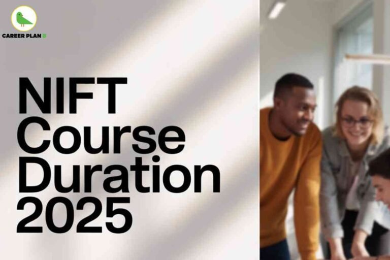 Informational visual about NIFT course duration 2025 created by Career Plan B. The left half shows bold black text: “NIFT Course Duration 2025” on a soft gradient background, highlighting the year and topic. Top left corner includes the Career Plan B logo—a round green bird and “CAREER PLAN B” in black and green. The right half features a blurred photo of three diverse students collaborating in a modern, sunlit study room with large windows; one wears a mustard sweatshirt, a second person has glasses and a light grey jacket, and a third peers at a table, suggesting teamwork and a creative learning environment. The image clearly communicates the duration and collaborative atmosphere of NIFT courses for 2025, incorporates bright, student-centric visuals, and naturally includes the key phrase "NIFT Course Duration 2025."