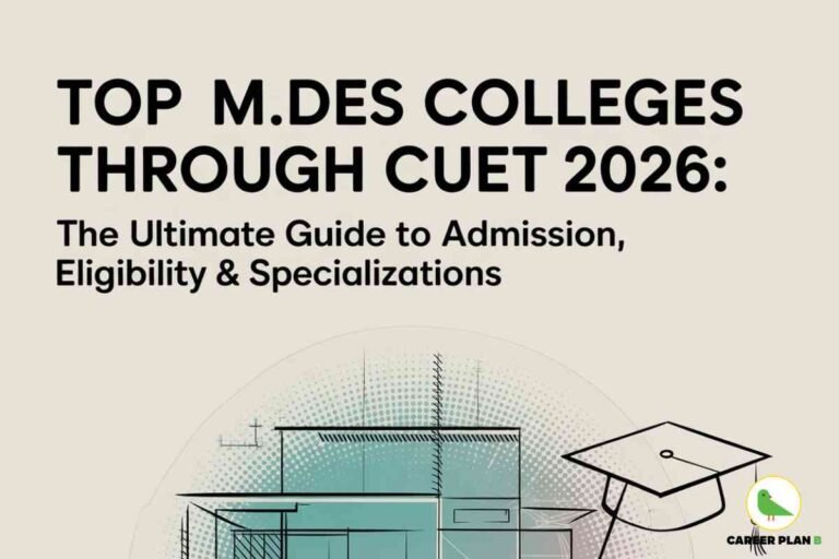 Educational banner image for Top M.Des Colleges Through CUET 2026 featuring a bold black headline “TOP M.DES COLLEGES THROUGH CUET 2026: The Ultimate Guide to Admission, Eligibility & Specializations” on a light beige background. The upper section uses large black font for the main title, and a smaller, subtitle underneath details the guide’s scope. The lower right corner displays an outlined graduation cap icon next to the Career Plan B logo—depicting a green bird within a yellow circle and “CAREER PLAN B” text. A minimal line-art architectural illustration at the bottom left symbolizes academic campus buildings. The visual overall communicates comprehensive information about leading Master of Design (M.Des) colleges, CUET 2026 admission process, eligibility criteria, and available specializations, with clear branding and strong, accessible text. The key phrase "Top M.Des Colleges Through CUET 2026" is naturally integrated.