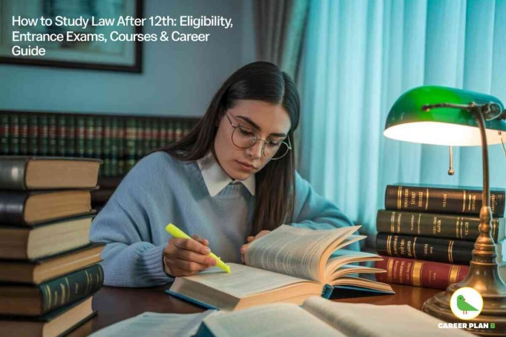 A detailed visual guide about how to study law after 12th, featuring a young woman in a blue sweater and white collared shirt sitting at a wooden library desk filled with law books, open notebooks, and reference texts. She is highlighting content in a large law book with a yellow marker, while additional thick books and stacked legal volumes surround her workspace. The background includes a bookshelf with organized law journals and a framed picture, plus a green desk lamp casting warm light onto her study materials. Overhead, white headline text reads: “How to Study Law After 12th: Eligibility, Entrance Exams, Courses & Career Guide.” The desk’s right corner features the Career Plan B logo with a stylized green bird and text. All elements, such as the active study posture, academic atmosphere, highlighting of legal material, organized book stacks, lamp, branding, and headline, illustrate an educational environment focused on how to study law after 12th, incorporating eligibility, popular entrance exams, law course types, and guidance for aspiring law students in India.
