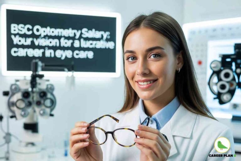 A detailed informational photo explaining BSc Optometry salary, featuring a female optometrist in a white coat and blue shirt standing in a modern eye care clinic. She is holding a pair of eyeglasses with both hands, positioned in front of diagnostic equipment such as a phoropter and lensometer visible in the softly lit clinic background. Prominently, an illuminated board in the background displays white text: “BSC Optometry Salary: Your vision for a lucrative career in eye care.” The lower right corner contains the Career Plan B logo, a green bird icon encircled in yellow with “CAREER PLAN B” text. The entire setting, including advanced eye-testing devices, clinical attire, professional eyewear, detailed signage, and clear branding, visually represents career prospects and salary information for BSc Optometry graduates, naturally emphasizing the phrase “BSc Optometry Salary.”