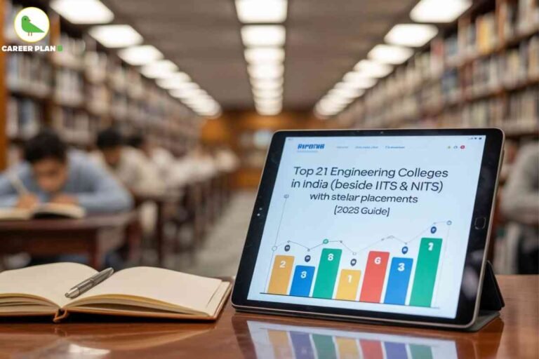 A detailed photo taken inside a spacious, well-lit library featuring rows of bookshelves blurred in the background. The foreground shows a wooden table with an open notebook and pen on the left. To the right, a digital tablet on a stand displays a website with the headline “Top 21 Engineering Colleges in India (besides IITs & NITs) with stellar placements [2025 Guide],” accompanied by a multi-colored bar and line graph with numbers labeled 2, 3, 8, 1, 6, 3, and 1 at the bar peaks. The top left corner features the green bird "Career Plan B" logo and branding. Students are visible, seated, and studying, but their facial details are not shown. The image highlights an academic research setting, digital and physical study materials, and the central focus on a 2025 guide to the top engineering colleges in India besides IITs and NITs, matching the theme "Top engineering colleges in India besides IITs and NITs."