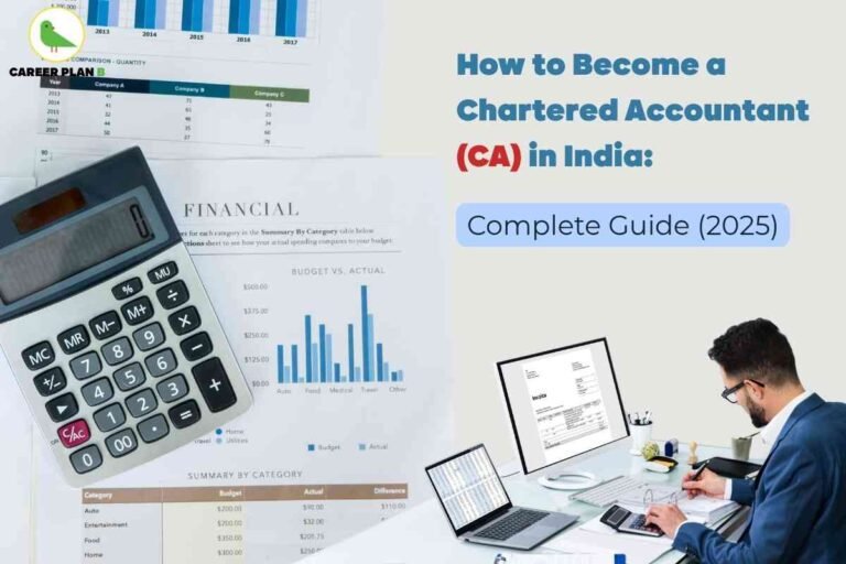 Image showing financial documents, bar graphs, and a calculator symbolizing accounting work. A professional man in formal attire is seen working at a desk with dual monitors and a laptop, analyzing invoices and financial data. Text overlay reads “How to Become a Chartered Accountant (CA) in India: Complete Guide (2025),” representing career guidance in accountancy. Branding from Career Plan B is visible in the top-left corner.