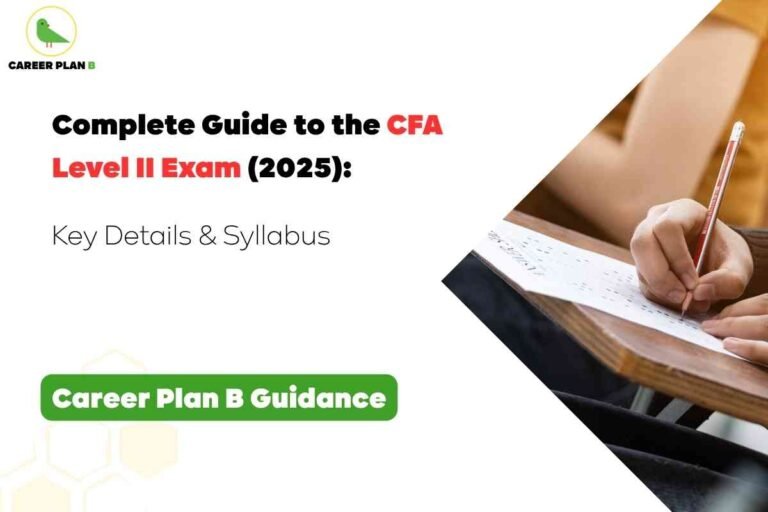Student filling out a multiple-choice answer sheet using a red pencil, indicating a formal exam setting. On the left side, bold text reads “Complete Guide to the CFA Level II Exam (2025): Key Details & Syllabus,” suggesting this is an educational or exam preparation resource. The bottom-left corner includes a green badge labeled “Career Plan B Guidance,” indicating the branding and support provided by the platform.