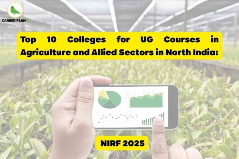 A promotional graphic with a background of a greenhouse filled with green plant saplings. In the foreground, a hand holds a smartphone displaying charts and graphs, suggesting agricultural data analysis. At the top, a large bright yellow banner with bold black text reads: "Top 10 Colleges for UG Courses in Agriculture and Allied Sectors in North India:" At the bottom, another yellow box contains the text "NIRF 2025" in bold. In the top left corner, there is a round logo with a green bird and the text "CAREER PLAN B."