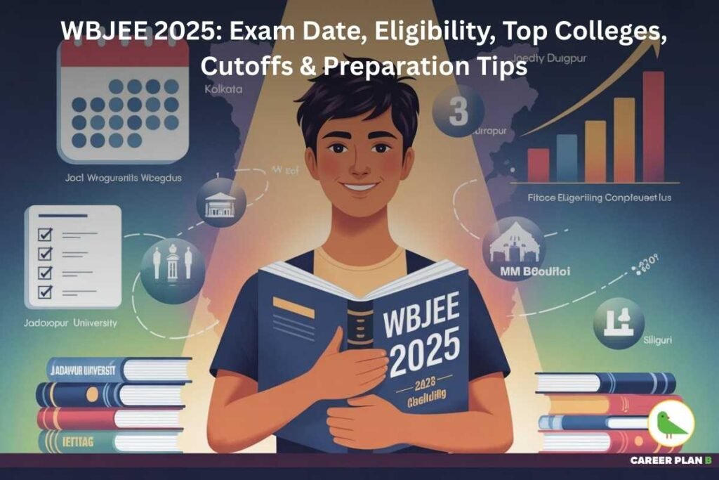 WBJEE 2025 exam date, eligibility, top colleges, cutoffs, and preparation tips – banner featuring a smiling student holding a blue book titled ‘WBJEE 2025’ with ‘2026 Guiding’ written on it. Background includes a bar graph, checklist icon, calendar, map of West Bengal showing locations like Kolkata, Siliguri, and Durgapur, icons of colleges including Jadavpur University, MM Beoufloi, and various books stacked. Logo of Career Plan B with green bird appears in the bottom right corner.