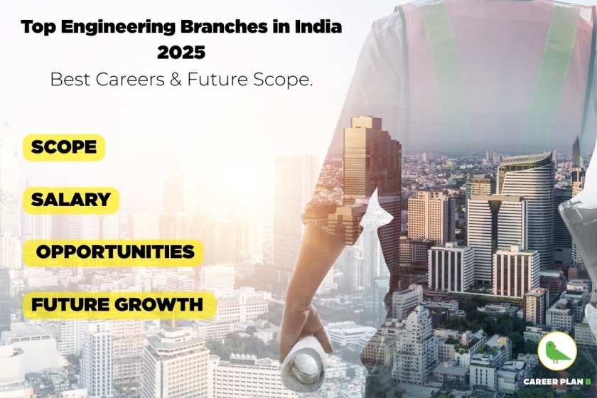 Top Engineering Branches in India 2025 guide with focus on scope, salary, opportunities, and future growth, presented by Career Plan B with a city skyline and an engineer holding blueprints in the background
