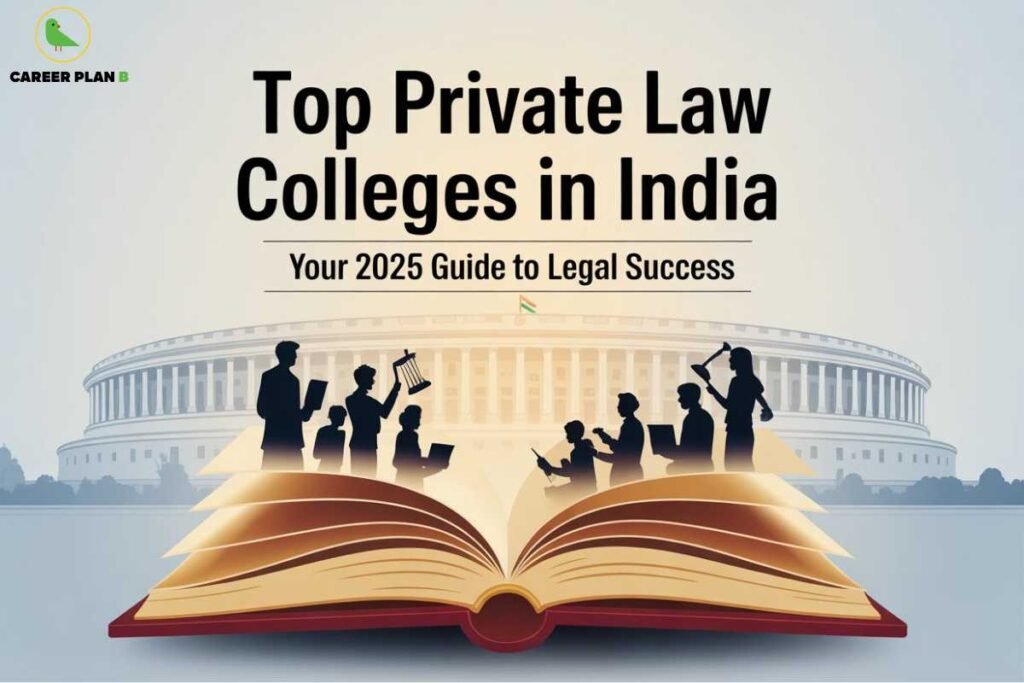 Illustration titled "Top Private Law Colleges in India – Your 2025 Guide to Legal Success" featuring silhouettes of law students and professionals holding legal symbols like scales of justice, books, and laptops standing on an open book, with the Indian Parliament building and a small Indian flag in the background; the logo of Career Plan B with a green bird is placed at the top-left corner.