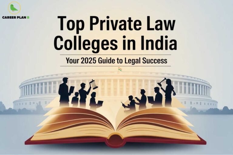 Illustration titled "Top Private Law Colleges in India – Your 2025 Guide to Legal Success" featuring silhouettes of law students and professionals holding legal symbols like scales of justice, books, and laptops standing on an open book, with the Indian Parliament building and a small Indian flag in the background; the logo of Career Plan B with a green bird is placed at the top-left corner.