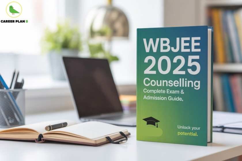 WBJEE 2025 Counselling Complete Exam & Admission Guide book on study desk with open notebook, pen, laptop, and Career Plan B logo in a bright study room setting