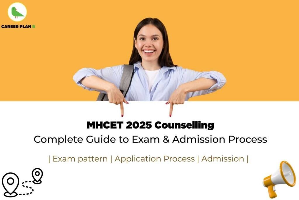 MHCET 2025 Counselling – A smiling young woman in a light blue shirt with a backpack is pointing downward toward bold black text that reads 'MHCET 2025 Counselling'. Below it, subtext reads 'Complete Guide to Exam & Admission Process' followed by smaller text: 'Exam pattern | Application Process | Admission'. The background is half orange, half white. Top-left features the green bird logo of Career Plan B. Icons of a location pin path and a yellow megaphone appear at the bottom corners.