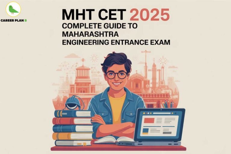 MHT CET 2025 complete guide to Maharashtra engineering entrance exam – illustrated banner with a smiling boy in glasses and a blue jacket sitting at a desk with a laptop, stacks of colorful books, an open notebook, pencils, and a construction helmet. Behind him is an orange-toned cityscape with engineering landmarks and scientific icons. The Career Plan B logo with a green bird is at the top left corner.