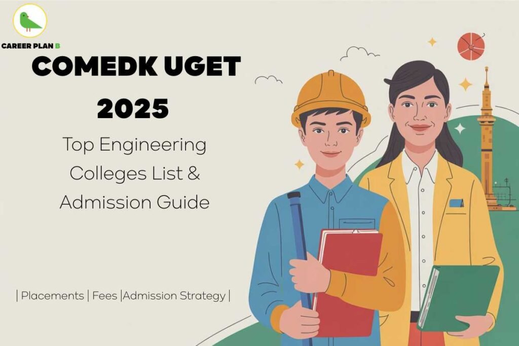 COMEDK UGET 2025 colleges — illustrated banner featuring two engineering students, one male wearing a yellow safety helmet and holding a red folder with a blue strap, and one female in a yellow blazer holding a green folder. The background includes engineering-related graphics like a tower and compass. The text reads: 'COMEDK UGET 2025 – Top Engineering Colleges List & Admission Guide' with additional info at the bottom mentioning Placements, Fees, and Admission Strategy. The Career Plan B logo with a green bird appears in the top-left corner.