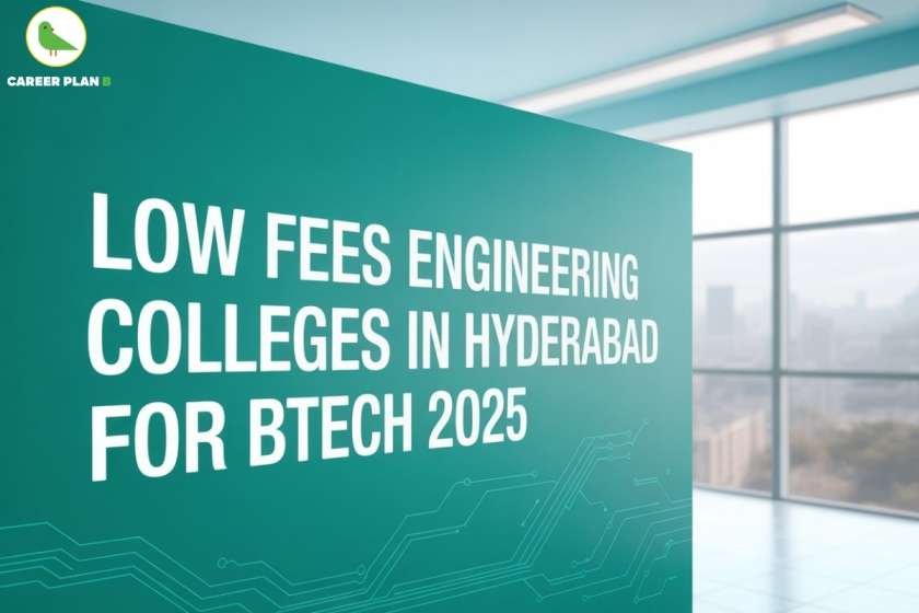 "Low fees engineering colleges in Hyderabad for BTech 2025 – Career Plan B guide. Bold white text on green wall in a modern room with city view background. Tech-themed graphic with digital circuit lines and Career Plan B logo in the top left." Let me know if you’d like an optimized HTML snippet or caption as well.