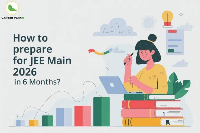Illustration of a girl studying for JEE Main 2026 at a desk, surrounded by a laptop, stacked books, and green plants, while holding a pen and thinking. A bar graph representing progress appears beside her. The text on the image reads 'How to prepare for JEE Main 2026 in 6 Months?' with the Career Plan B logo featuring a green bird in the top left. Lightbulb, checklist, clouds, and Indian tricolor ribbon add educational and motivational elements to the study scene.