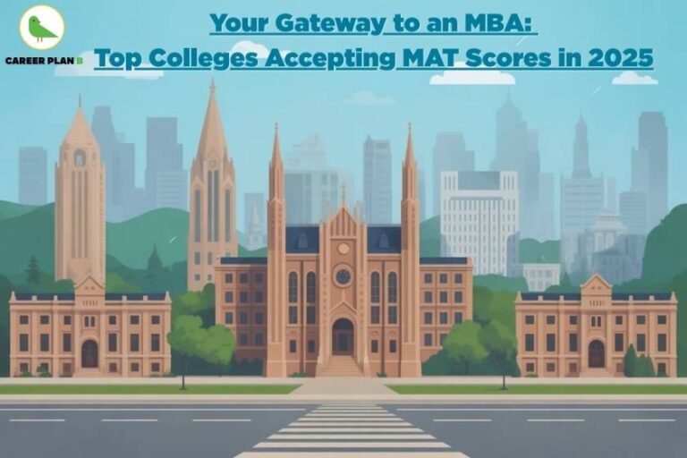Illustration of a grand university campus with historic architecture and tall spires, set against a modern city skyline backdrop. The image promotes MBA admissions and features the title 'Your Gateway to an MBA: Top Colleges Accepting MAT Scores in 2025' in bold blue text at the top. The logo of 'Career Plan B' with a green bird icon is visible in the top-left corner. The buildings are surrounded by trees, pathways, and a clear road in the foreground.