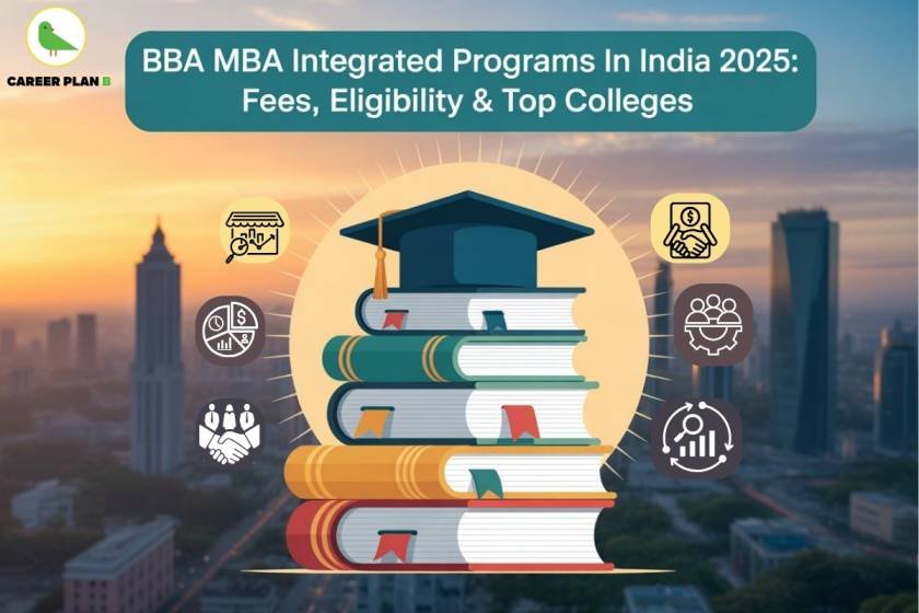 Educational banner titled 'BBA MBA Integrated Programs in India 2025: Fees, Eligibility & Top Colleges' from Career Plan B. The image features a large stack of colorful academic books placed centrally, topped with a navy-blue graduation cap. The background shows a cityscape at sunset with tall skyscrapers. Around the book stack are circular icons representing business and education themes: a handshake, pie chart, group of people, rupee coin, shop/storefront, bar chart, and financial document. The Career Plan B logo with a green bird appears at the top-left corner. The design visually emphasizes Integrated BBA MBA Programs and their career impact.