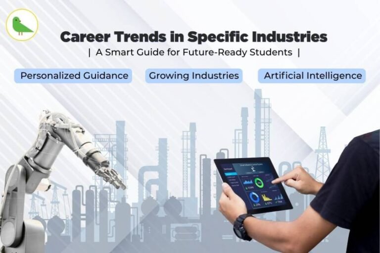 Professional analyzing career trends for students on tablet with industrial robotic arm in factory setting, showing infographic titled "Career Trends in Specific Industries - A Smart Guide for Future-Ready Students" with three blue sections highlighting Personalized Guidance, Growing Industries, and Artificial Intelligence against industrial skyline background