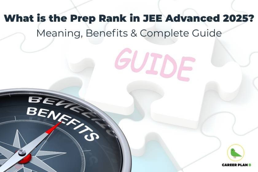 What is the Prep Rank in JEE Advanced 2025? Meaning, Benefits & Complete Guide written on a puzzle background with the word 'GUIDE' highlighted in pink and a black compass showing the word 'BENEFITS', with the Career Plan B logo of a green bird in the bottom-right corner